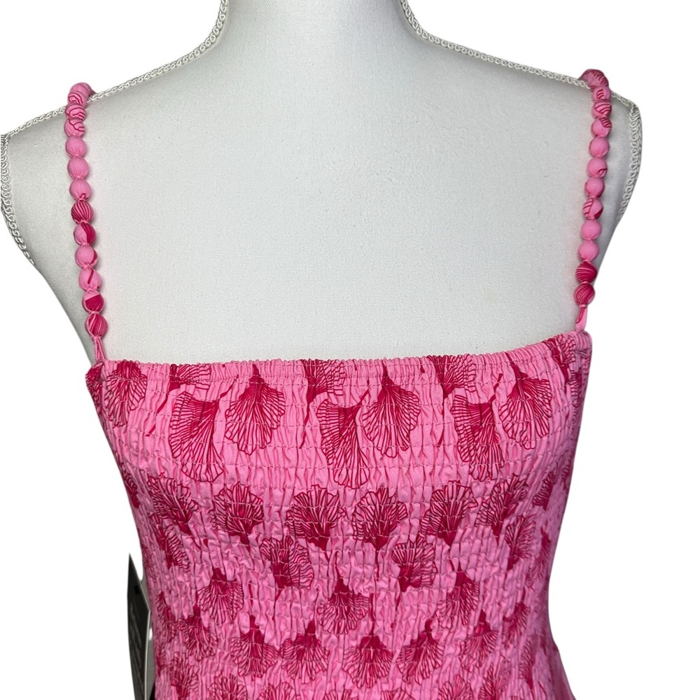 Pink Floral Midi Dress with Smocked Bodice - Picture 3 of 16